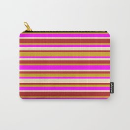[ Thumbnail: Fuchsia, Bisque, Red, and Goldenrod Colored Lined Pattern Carry-All Pouch ]