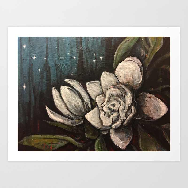 Night Bloom Gardenia White Flower Stars Magnolia Abstract