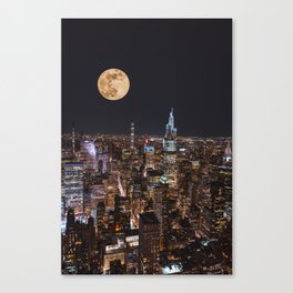New York City Full Moon | NYC Skyline at Night | Photography and Collage Canvas Print