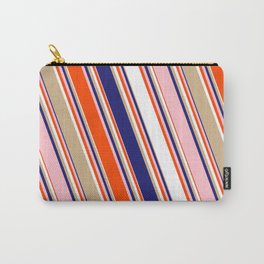 [ Thumbnail: Colorful Red, White, Tan, Midnight Blue, and Pink Colored Lines/Stripes Pattern Carry-All Pouch ]