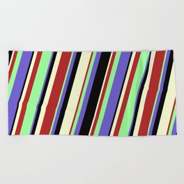 [ Thumbnail: Green, Slate Blue, Black, Light Yellow, and Red Colored Stripes Pattern Beach Towel ]
