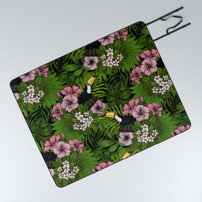 Toucans and tropical flora, green and pink Picnic Blanket