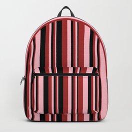 [ Thumbnail: Pink, Brown & Black Colored Striped Pattern Backpack ]