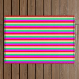 [ Thumbnail: Eyecatching Red, Tan, Green, and Magenta Lined Pattern Outdoor Rug ]