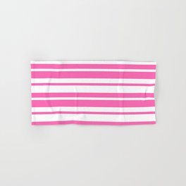 [ Thumbnail: Hot Pink and White Colored Striped Pattern Hand & Bath Towel ]