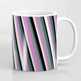 [ Thumbnail: Dark Slate Gray, Grey, Orchid, Beige & Black Colored Stripes Pattern Coffee Mug ]