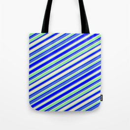 [ Thumbnail: Light Green, Blue, Royal Blue & Beige Colored Striped/Lined Pattern Tote Bag ]