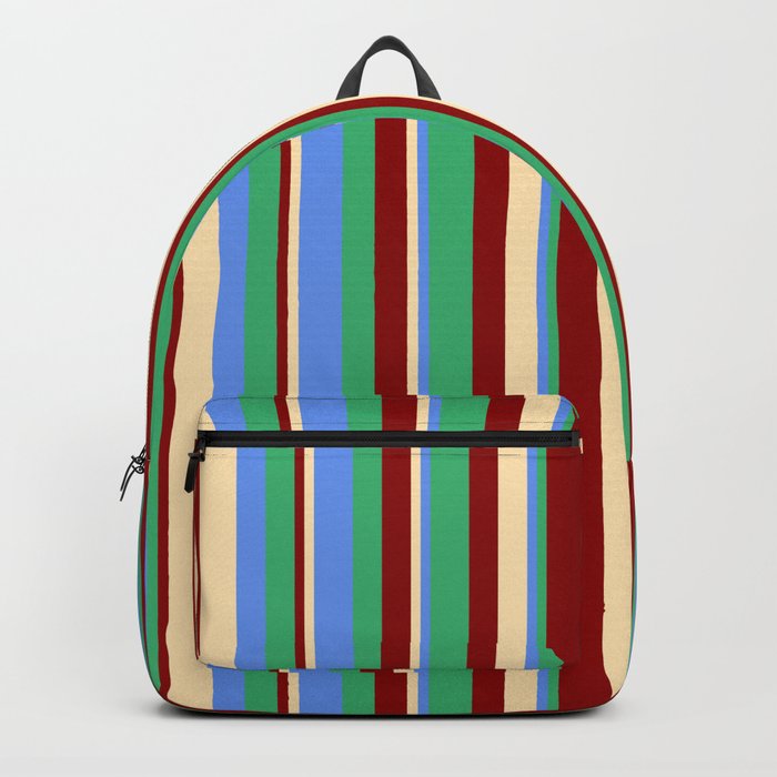 Beige, Cornflower Blue, Sea Green, and Dark Red Colored Lines/Stripes Pattern Backpack