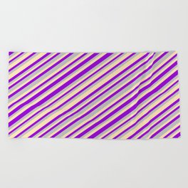 [ Thumbnail: Dark Violet, Grey, and Beige Colored Striped Pattern Beach Towel ]
