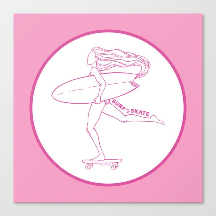 Surf Skate Cruise | California Skater Surfer Girl Design | Beach Inspired Artwork | Pink Bright Aesthetic  Canvas Print