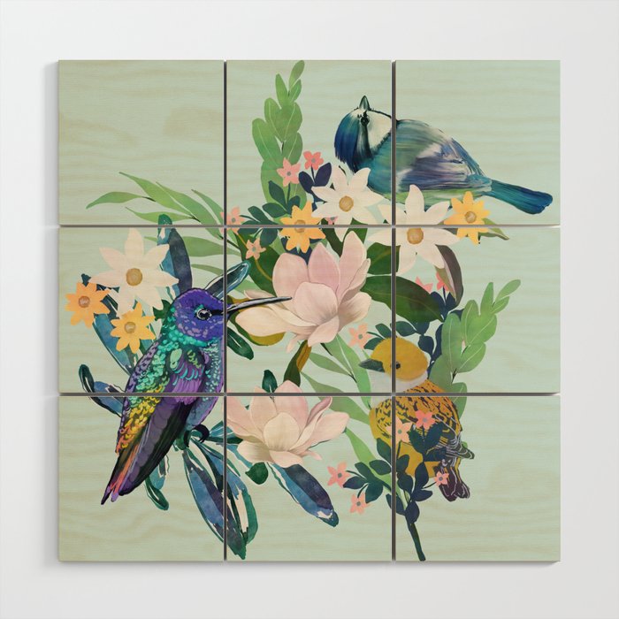 Watercolor Spring Flowers Birds Pattern Wood Wall Art