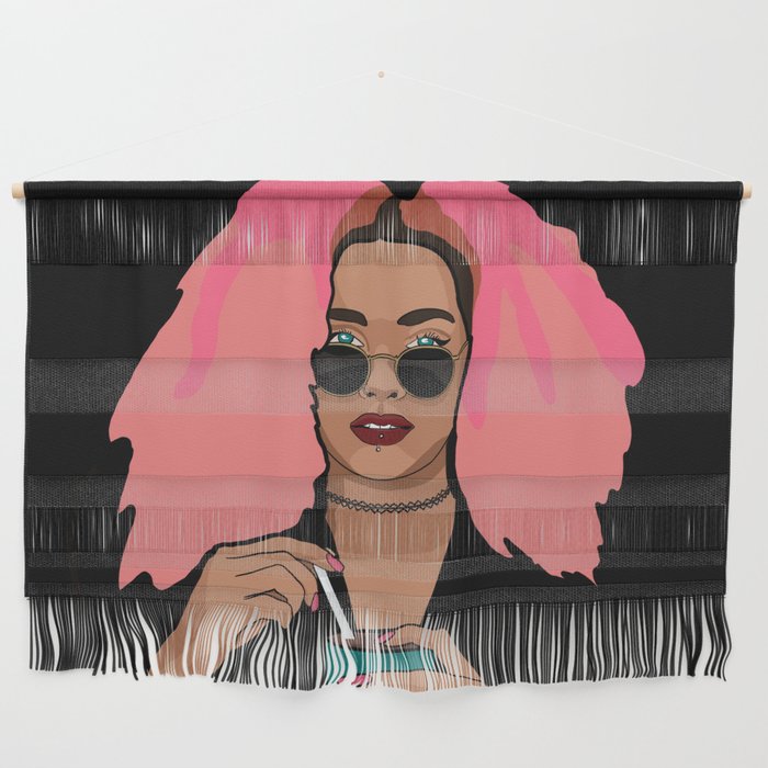 Woman with pink hair, sunglasses and piercings stirring coffee Wall Hanging