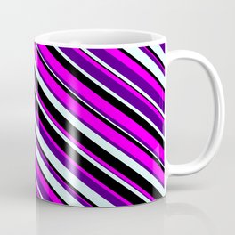 [ Thumbnail: Fuchsia, Indigo, Light Cyan & Black Colored Lines Pattern Coffee Mug ]