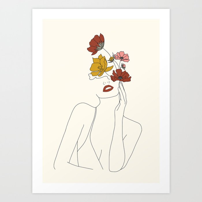 Colorful Thoughts Minimal Line Art Woman with Flowers Art Print