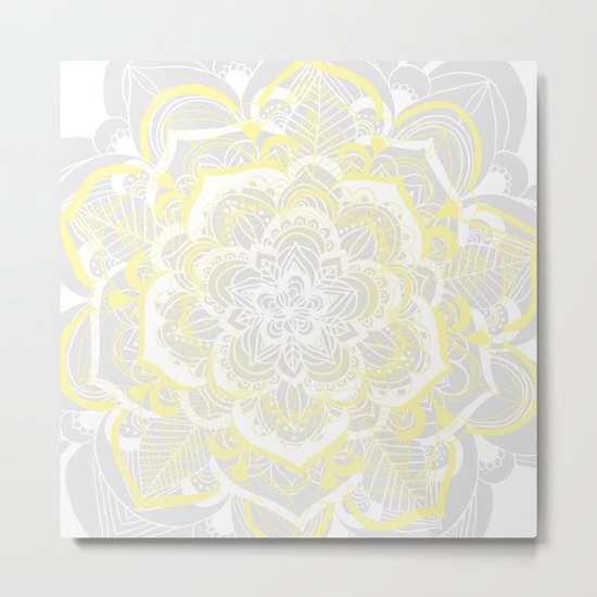 Woven Fantasy - Yellow, Grey & White Mandala Metal Print