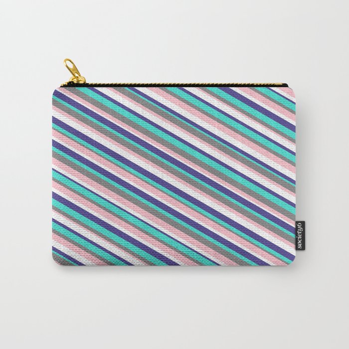 Vibrant Gray, Pink, White, Dark Slate Blue & Turquoise Colored Striped Pattern Carry-All Pouch