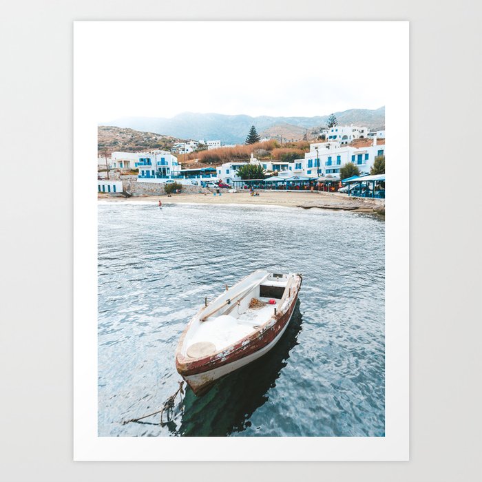 Small Fishers Boat in the Sea | Colorful Travel Photography on the Greek Islands Art Print
