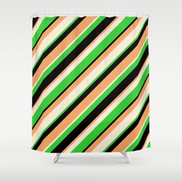 [ Thumbnail: Beige, Lime Green, Black & Brown Colored Stripes Pattern Shower Curtain ]