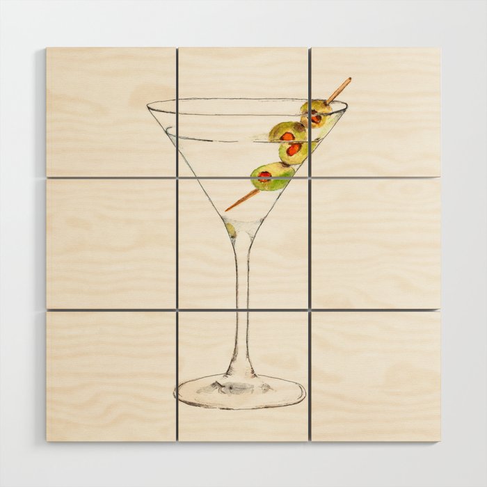 Cocktails. Martini. Watercolor Painting. Wood Wall Art