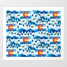 Winter watercolor Colorado Art Print | Mountains, Wilderness, Flag, Snow, Painting, Pine, Mountain, Watercolor, Pattern, Trees 
