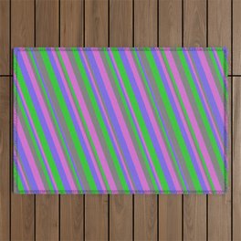 [ Thumbnail: Medium Slate Blue, Lime Green, Gray, and Orchid Colored Lined Pattern Outdoor Rug ]