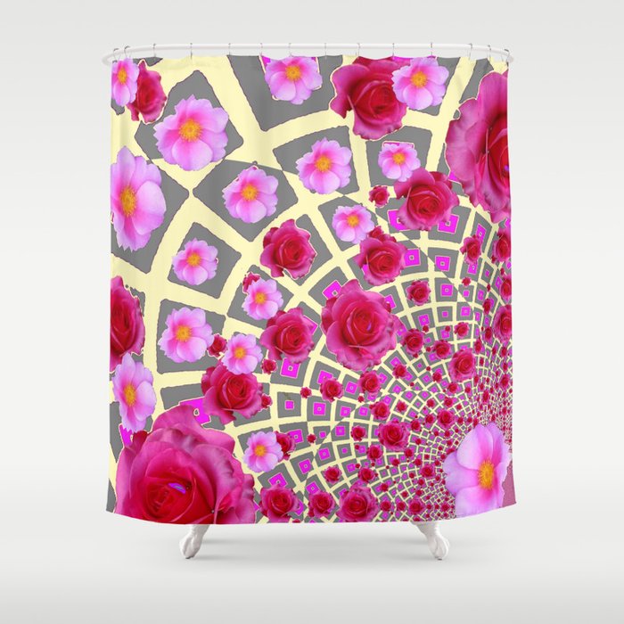 Red Pink Roses Trellis Grey Yellow Floral Art Shower Curtain By