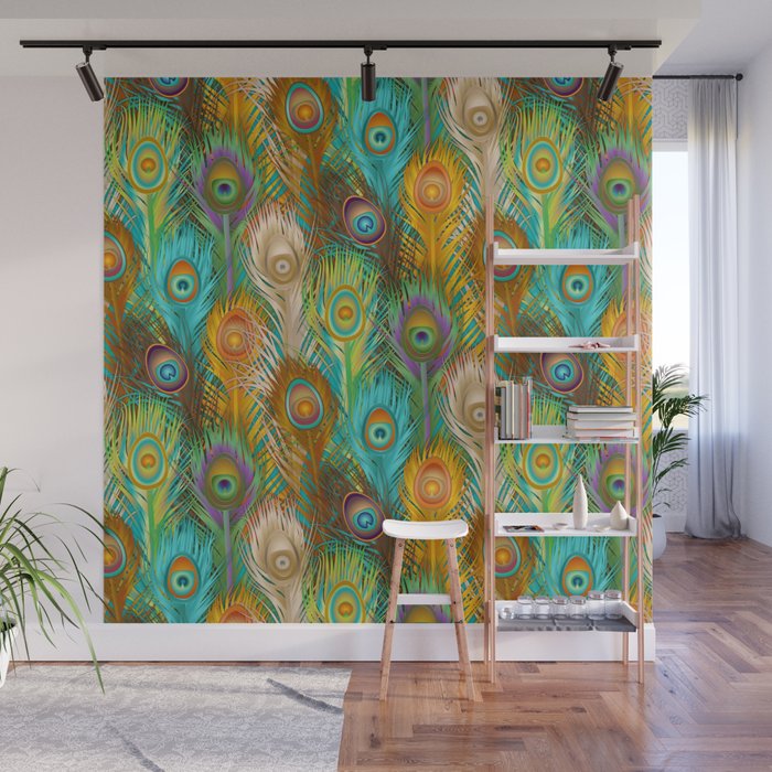 Whimsical Peacock Feathers Wall Mural by Elsys Art Society6