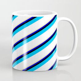 [ Thumbnail: Vibrant Tan, Blue, Black, Deep Sky Blue, and White Colored Striped/Lined Pattern Coffee Mug ]