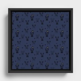 Navy Blue and Black Hand Drawn Dog Puppy Pattern Framed Canvas