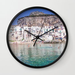 Azure water in Cefalu Wall Clock | Photo, Dreamvacation, Whitebeachhouses, Cefalusicily, Color, Digital, Tyrrheniansea, Travelphotography, Beachphotography, Sicilyphotogrpahy 