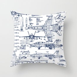 F-18 Blueprints // Blue Ink Throw Pillow