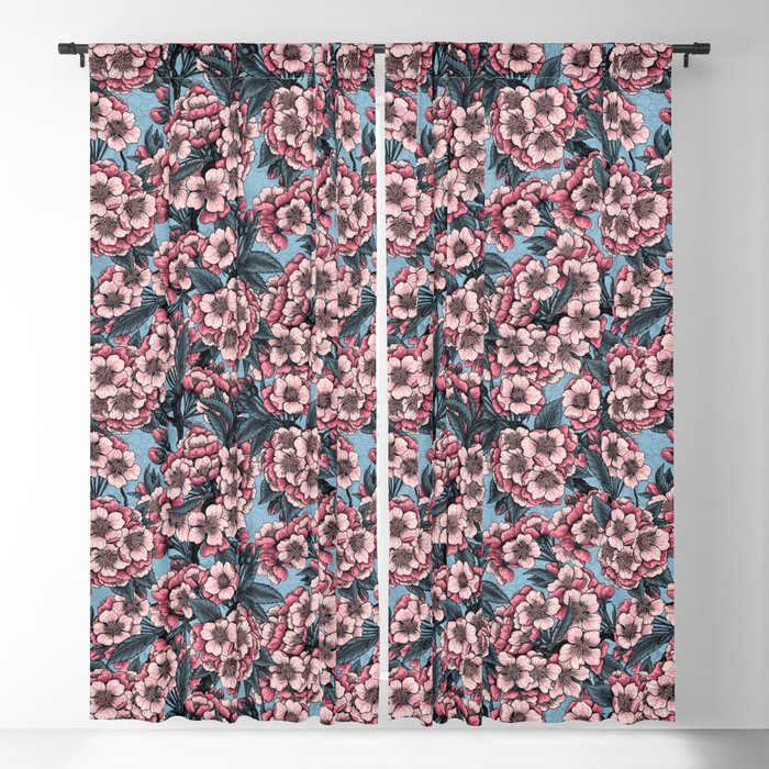 Cherry blossom in pink and blue Blackout Curtain