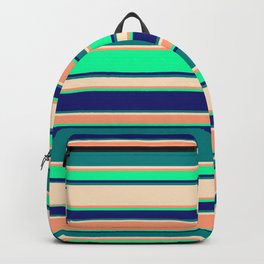 [ Thumbnail: Vibrant Light Salmon, Green, Midnight Blue, Teal, and Bisque Colored Pattern of Stripes Backpack ]