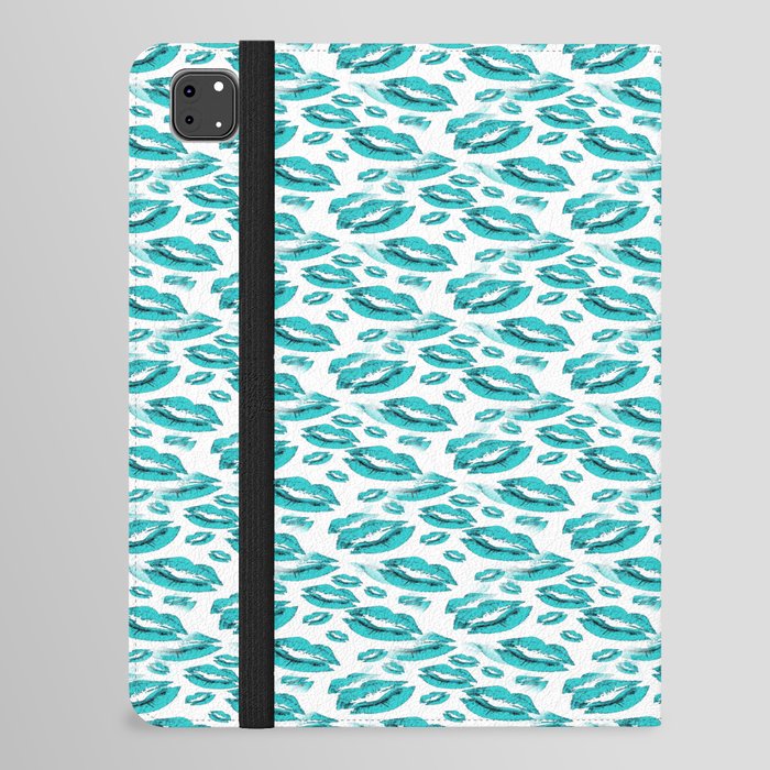 Two Kisses Collided Turquoise Lips Pattern On White Background iPad Folio Case