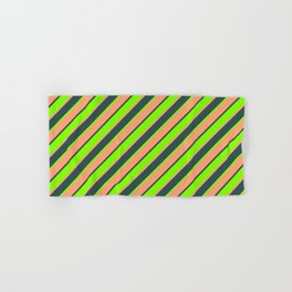 [ Thumbnail: Chartreuse, Light Salmon, and Dark Slate Gray Colored Pattern of Stripes Hand & Bath Towel ]