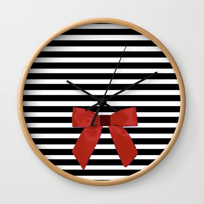 Red Bow + Black And White Stripe Wall Clock