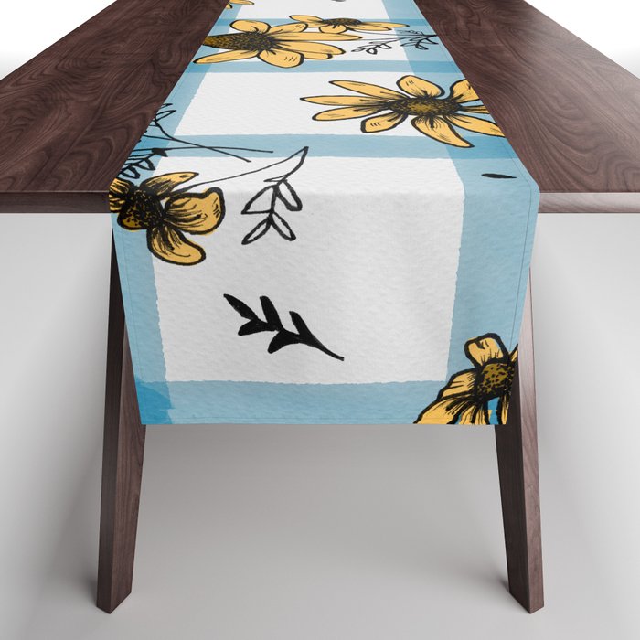 Blue Gingham Floral Pattern Table Runner