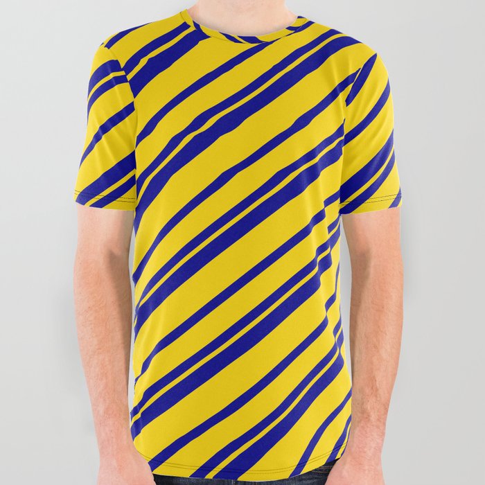 Dark Blue and Yellow Colored Lines/Stripes Pattern All Over Graphic Tee