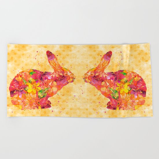 Happy Bunny flower watercolor pattern rabbit Beach Towel