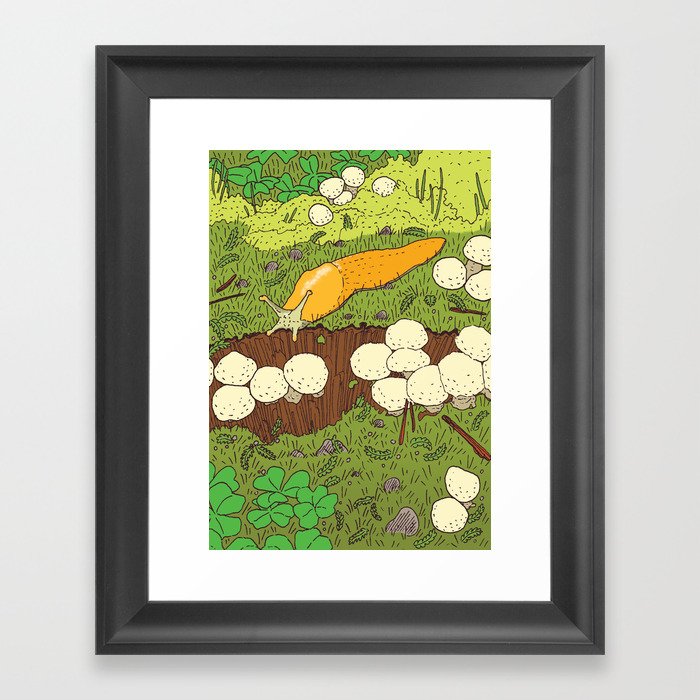 Banana Slug & Mushrooms Framed Art Print