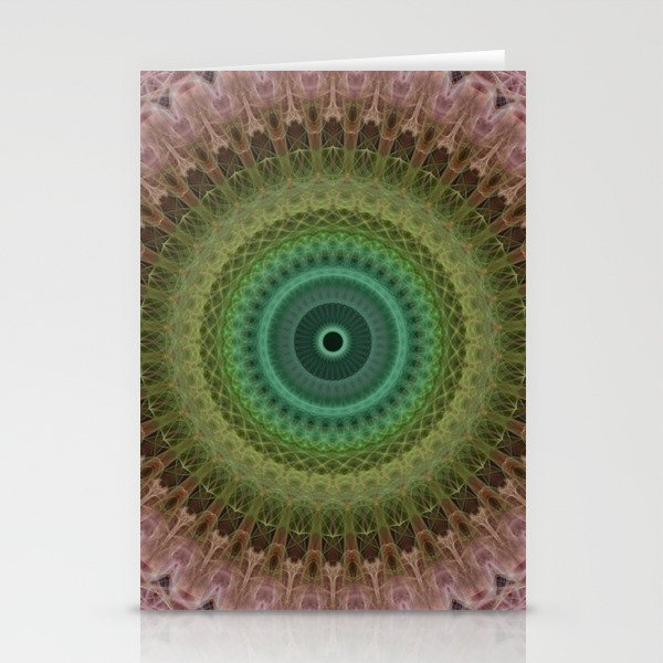 Mandala with light and dark green and red Stationery Cards