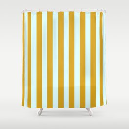 [ Thumbnail: Goldenrod & Light Cyan Colored Lines Pattern Shower Curtain ]