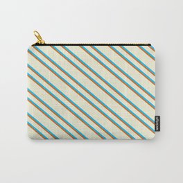 [ Thumbnail: Beige, Deep Sky Blue & Chocolate Colored Lines Pattern Carry-All Pouch ]