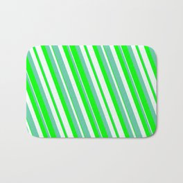 [ Thumbnail: Aquamarine, Lime & Mint Cream Colored Lines Pattern Bath Mat ]