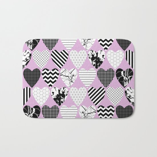 Hearts And Love - Black and white, geometric Pattern Bath Mat