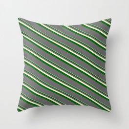 [ Thumbnail: Beige, Dark Green & Dim Grey Colored Lines/Stripes Pattern Throw Pillow ]