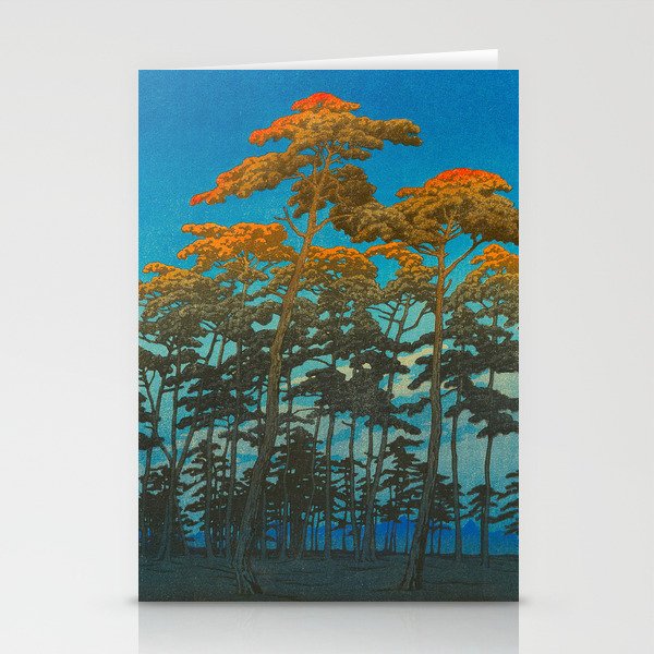 Vintage Japanese Woodblock Print Art Print Tall Sunset Trees Silhouette Twilight Forest East Asian Stationery Cards By Enshape