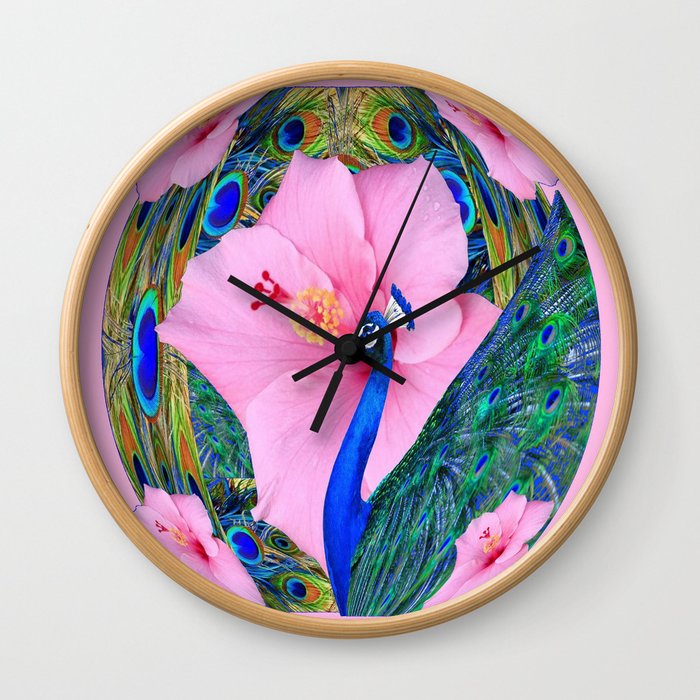 BLUE PINK HIBISCUS FLOWERS & BLUE-GREEN PEACOCK Wall Clock