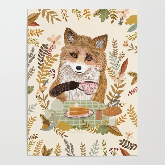 Fox with coffee in Autumn Poster