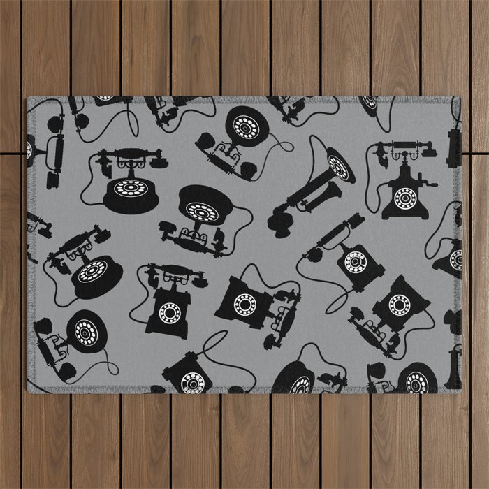 Black Vintage Rotary Dial Telephone Pattern on Silver Grey Outdoor Rug